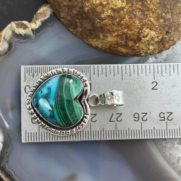 Sterling Silver Southwestern Style Azurite Malachite Heart Pendant For Women - Picture 10 of 10